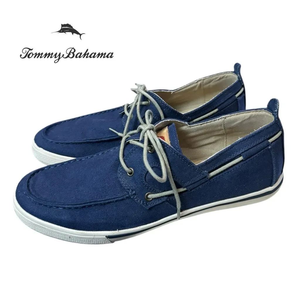 Tommy Bahama Men's Calderon Navy Canvas Boat Shoes 10.5